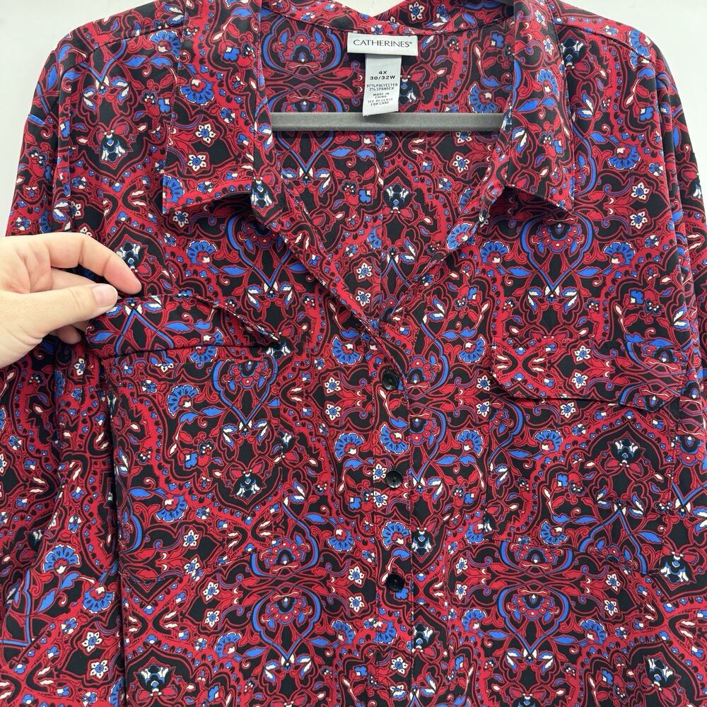 Catherines Batik Printed Popover Top Sz 4X Red Black Office Casual Modest - Picture 3 of 8